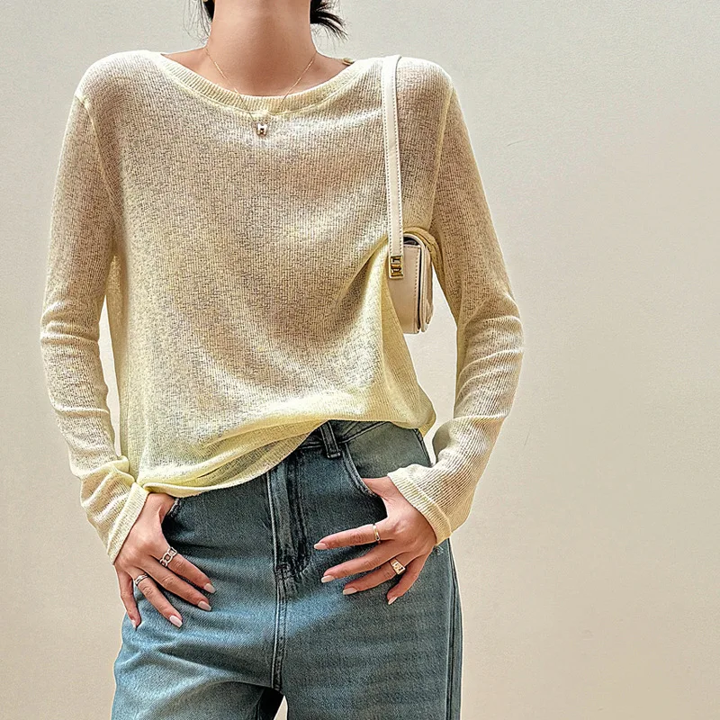 Summer fashionable thin sunscreen linen loose knitted blouse for women lazy style high-end long-sleeved T-shirt