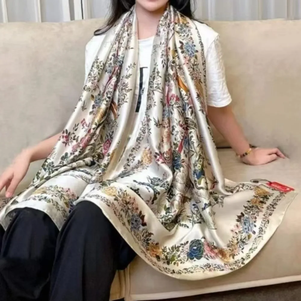 

Модный цветочный шелковый шарф, шали, солнцезащитный крем, мягкие атласные шарфы на шею, тонкий большой пляжный хиджаб, декор для платья