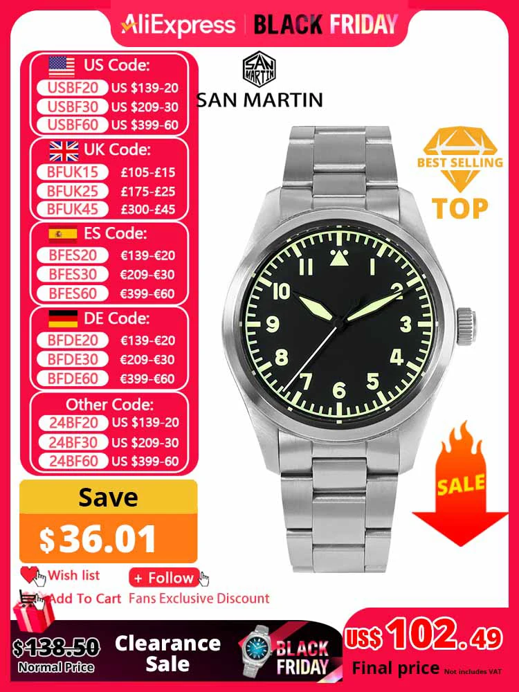 San Martin 39mm Pilot Men Watch Military Fashion Simple Style NH35 YN55A Automatic Mechanical Watches 20 Bar Waterproof Luminous