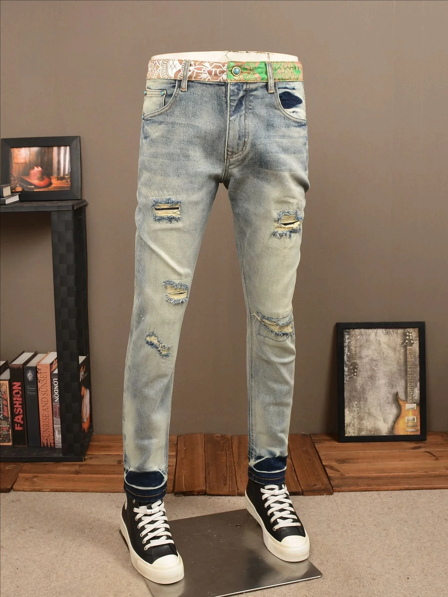 

Retro Distred Men's Jeans Faionable Splice Sle Wear Resistant Thi Denim Spring Season Street Sle Youth Trend
