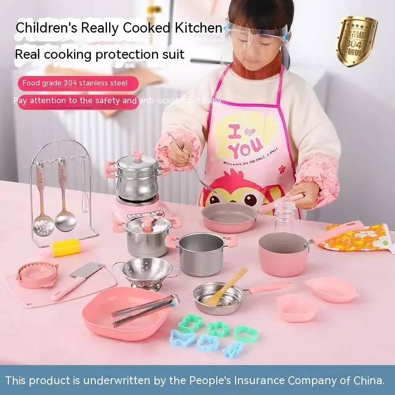 304 Food Grade Stainless Steel Children's Steaming Toys Authentic Cooking Small Kitchen Mini Cooking Food Playing Set Kid Toy