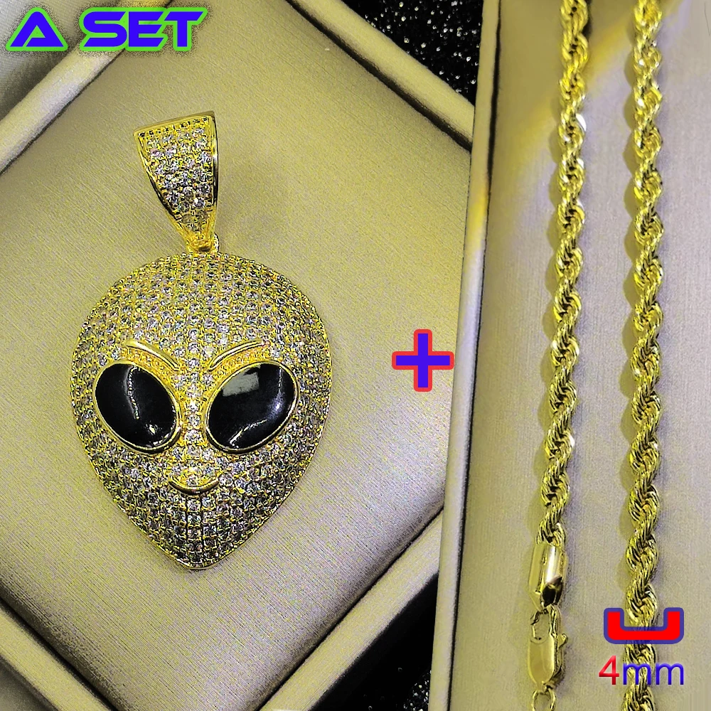 Hip hop culture trend custom necklace, set with diamond UFO alien gold pendant, 18K gold plating, boutique popular decoration