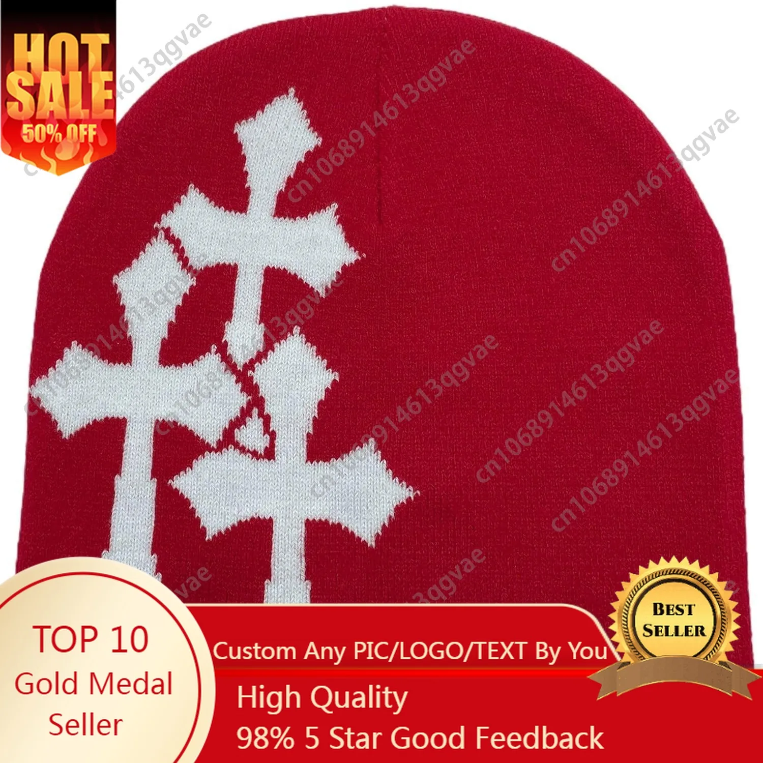 

Y2K Dark Cross Wool Hat - Fashion Cross Pattern Loose Pile Knit Hat for Cold Weather - Autumn and Winter