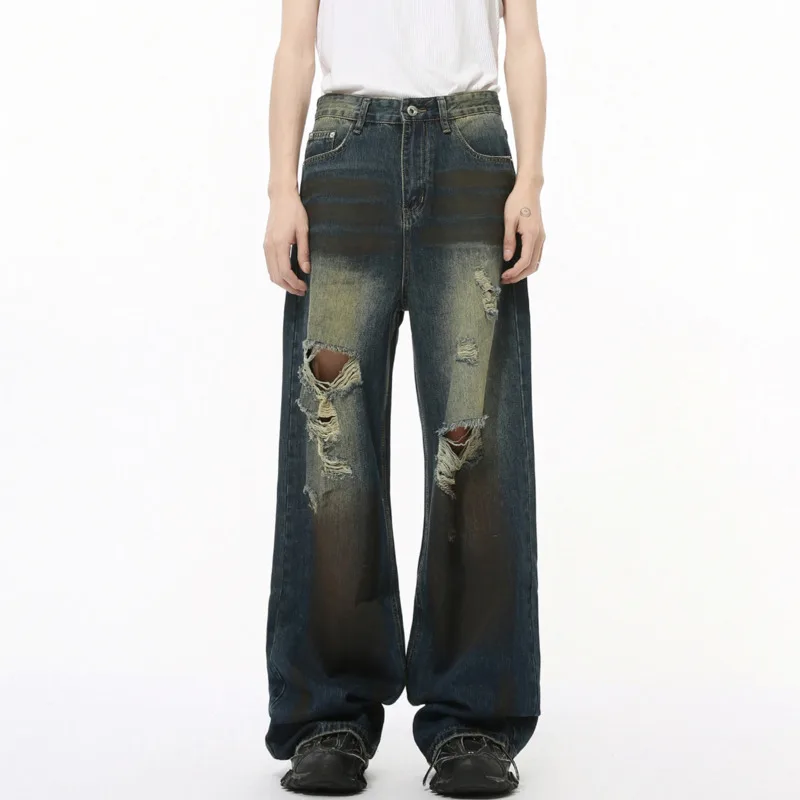 American Style High Street Men's Jeans Hole Washed Worn-out Solid Color Straight Loose Male Denim Pants 2024 Autumn