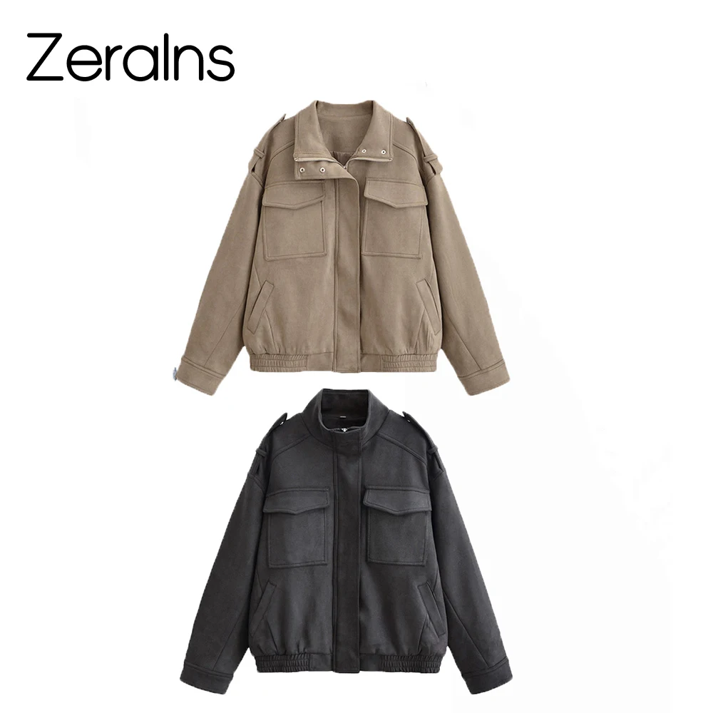 

ZERAINS 2025 autumn new women's fashion trend loose pocket long sleeved stand up collar jacket jacket