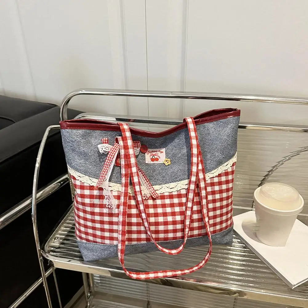 

Retro Lattice Lace Bow Shoulder Bag Lovely Rural Style Denim Plaid Handbag Leisure Vintage Commuting Tote Bag Women
