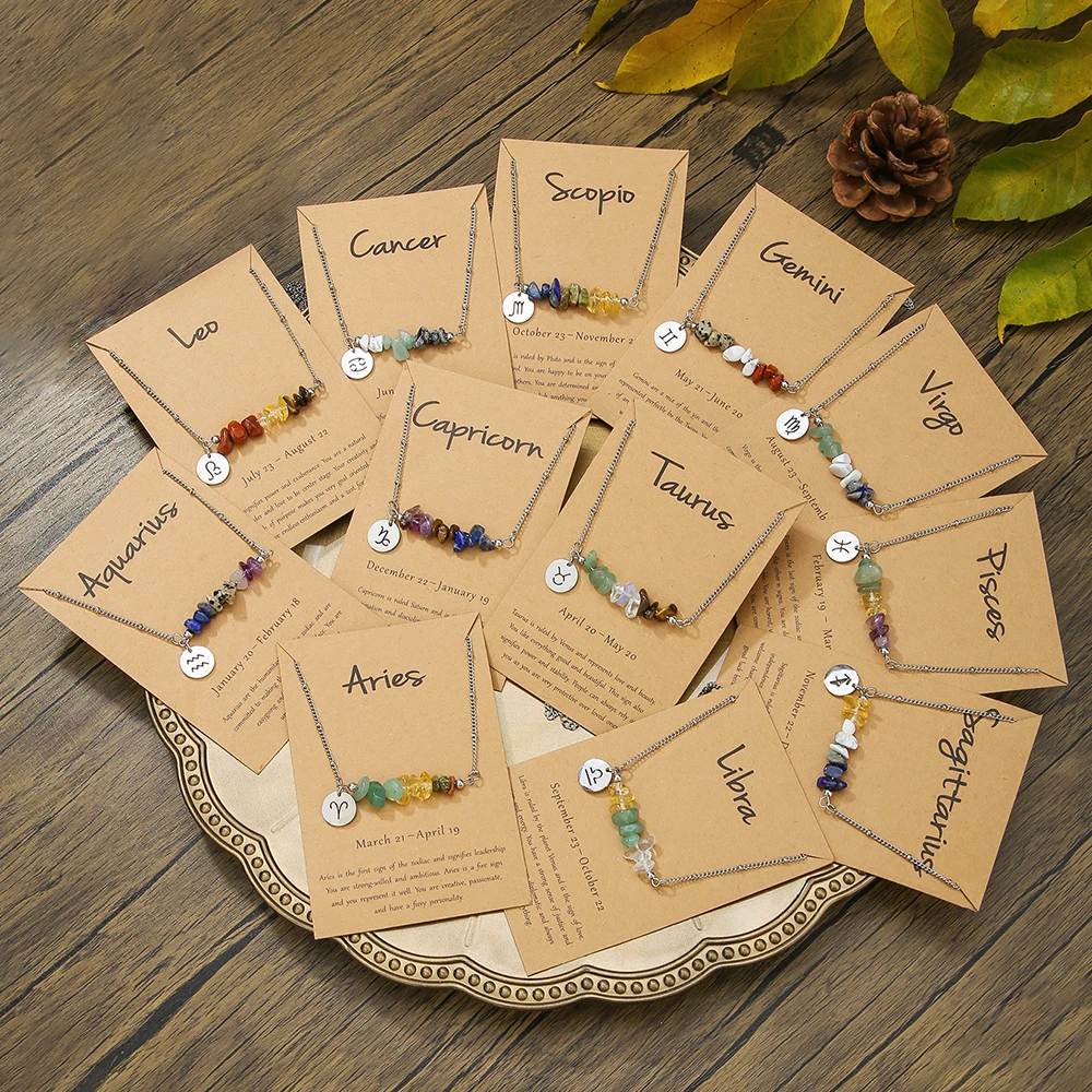 

Simple Vintage Stone Gravel Necklace Stainless Steel 12 Constellation Pendant Necklace Card Clavicle Chain Choker for Women