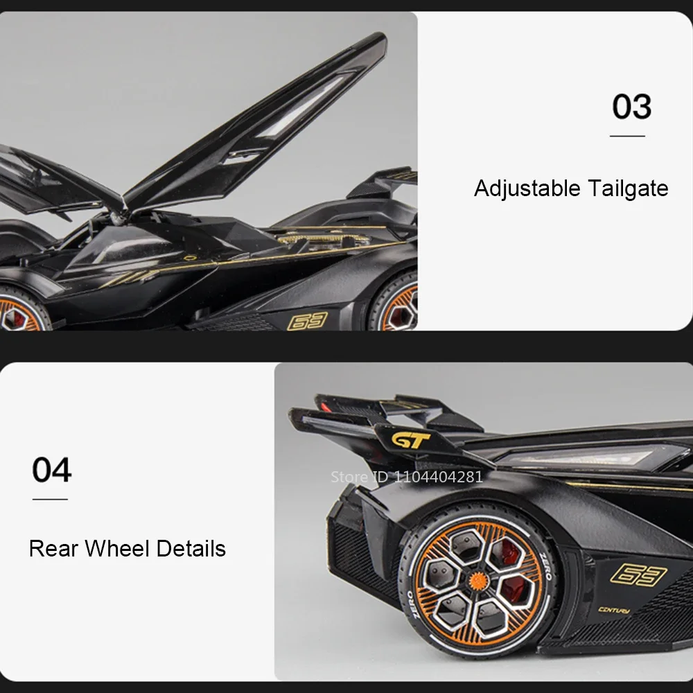 1:22 Lambo V12 GT Veneno Alloy Sports Car Diecast Model Toys with Sound Light Pull Back Doors Opened Metal Vehices Birthday Gift