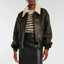 Kh * Blouson en cuir avec col en fourrure perfectionnée, manteau épais, adt parkas, fausse fourrure, pour femmes, nouvelle collection automne hiver