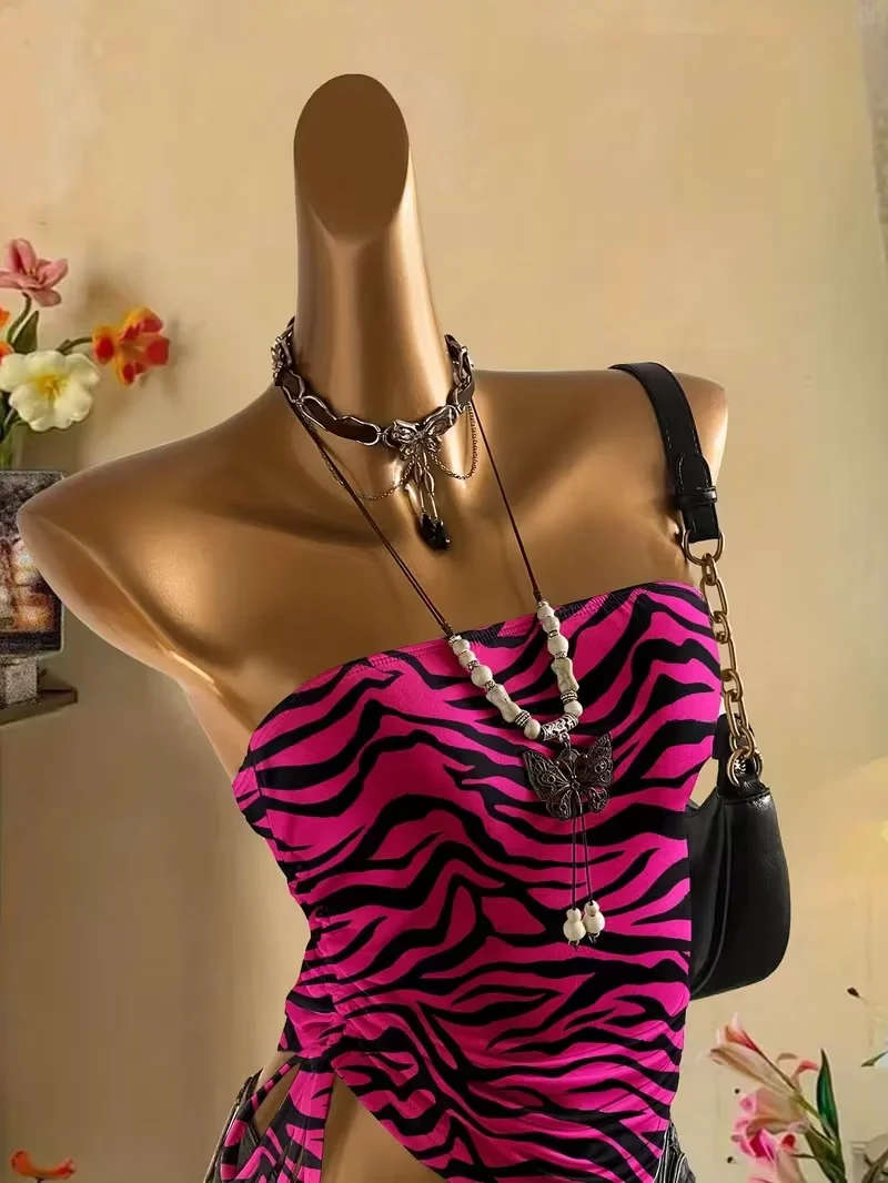 Cropped-Top für Damen, Sommerurlaub, plissierte Weste mit Leopardenmuster und Schnürung, ärmelloses Top mit Zebramuster, rosa Top mit Zebramuster – Detail 4