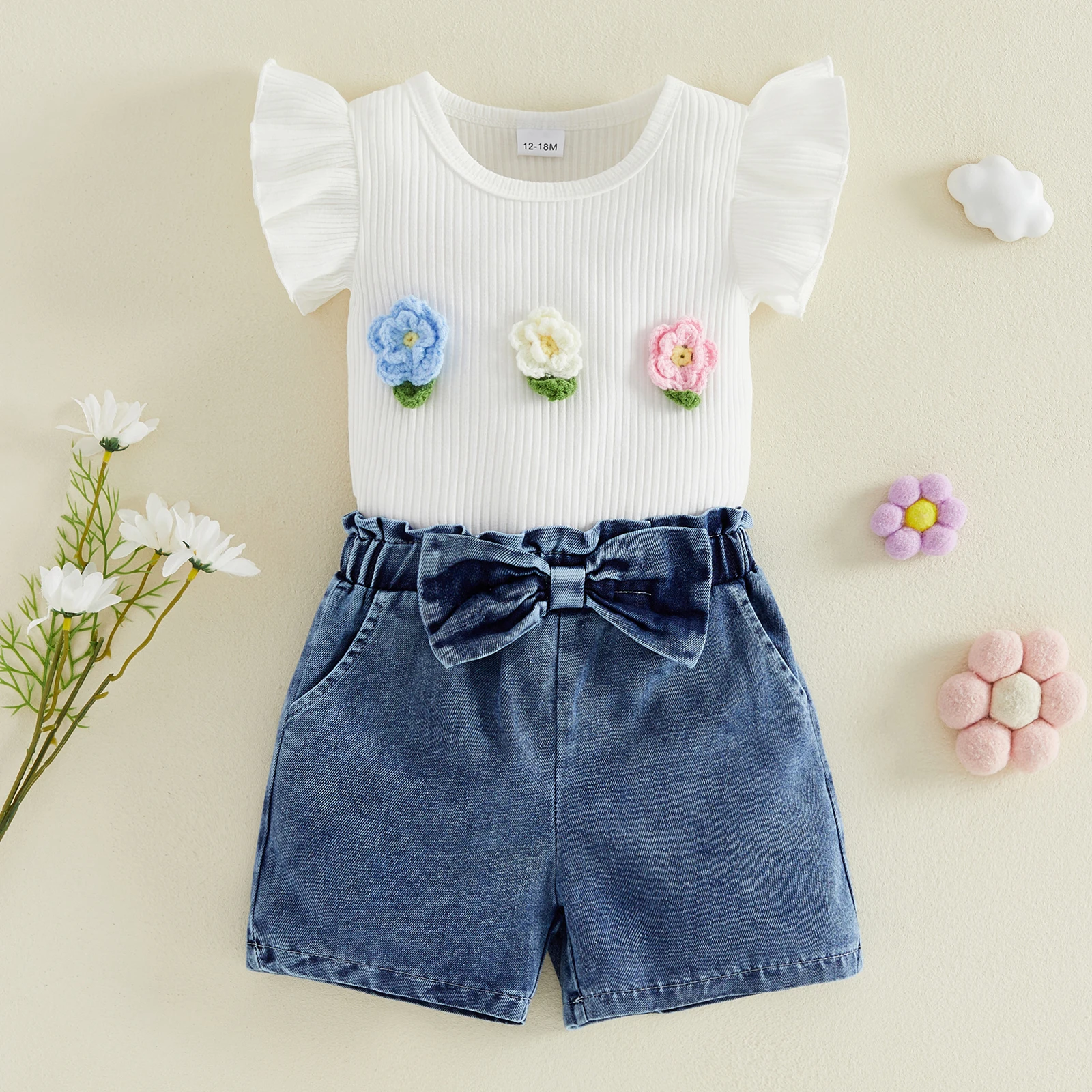 Girls Summer 2 Piece Outfits Short Sleeve O Neck 3D Flower Decor T shirt Tops Denim Shorts Children's Sets