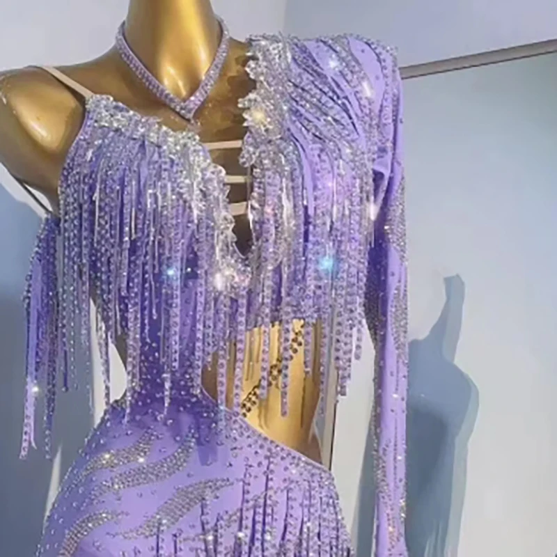 Latin Dance Stage Women's Clothing High-end Customized Purple Diamond Chain Samba Art Performance Clothing High Flash Dress