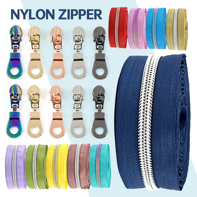 

10/20Meters 5# Zipper Tapes for Sewing Plastic Nylon Coil Zippers Slider Pulls Bag Purse Zips Heads Zip Repair Kit DIY Accessory