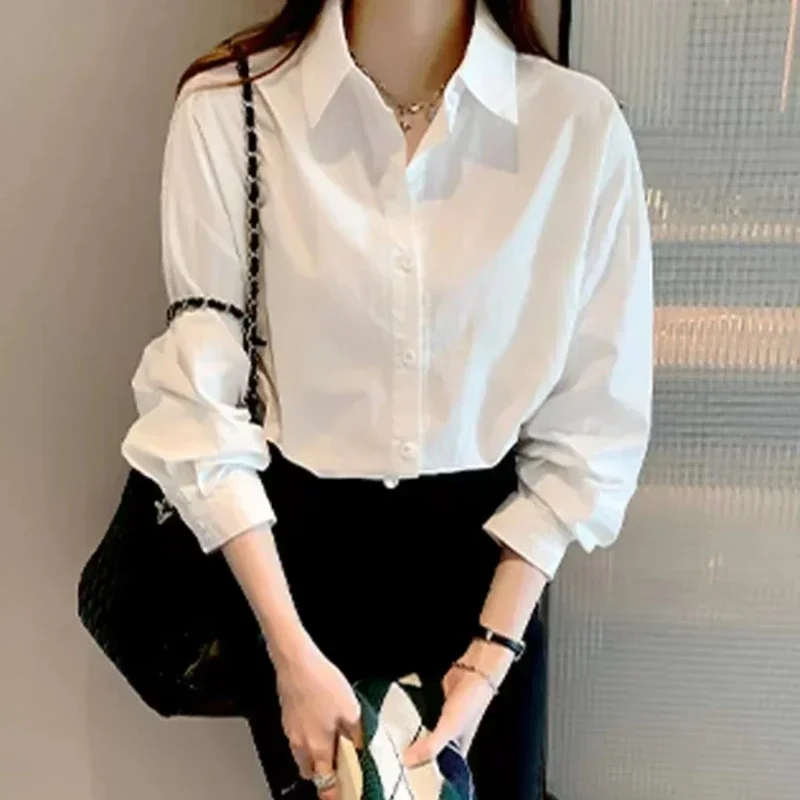 Korean Simple Shirts White Blouse Ladies\' 2024 Autumn\'s New Long-sleeved Casual Office Lady Shirt Loose Women Clothes Top