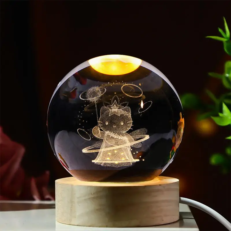

6 см Kawaii Sanrio Hello Kitty 3D хрустальный шар лампа светодиодный светящийся хрустальный шар ночник прикроватный светильник домашний декор подарок на день рождения