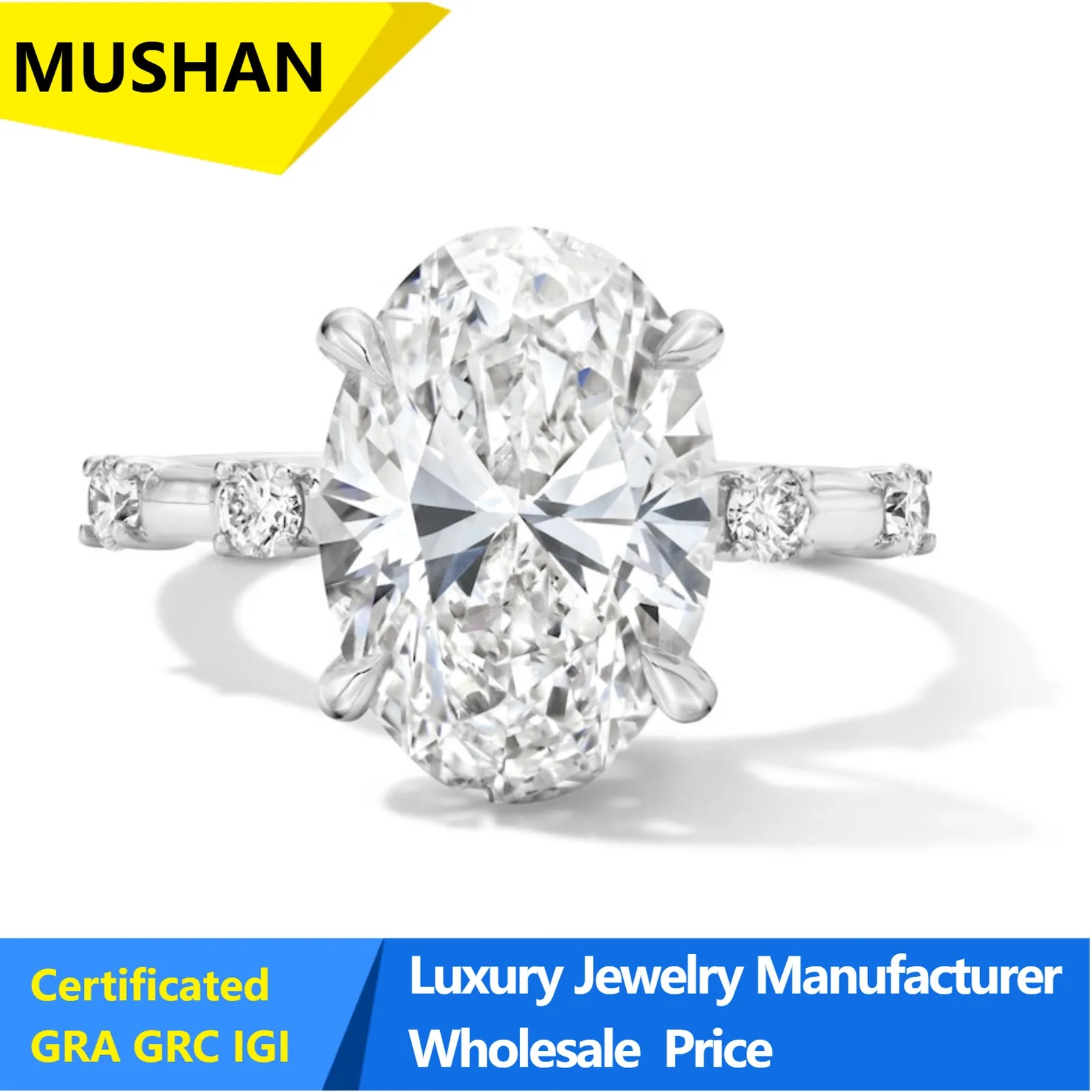 MUSHAN Jewelry Factory 1ct 2ct Oval Lab Grown Diamond Rings IGI Certificate 925 Sterling Silver Jewelry Ring Women Bands