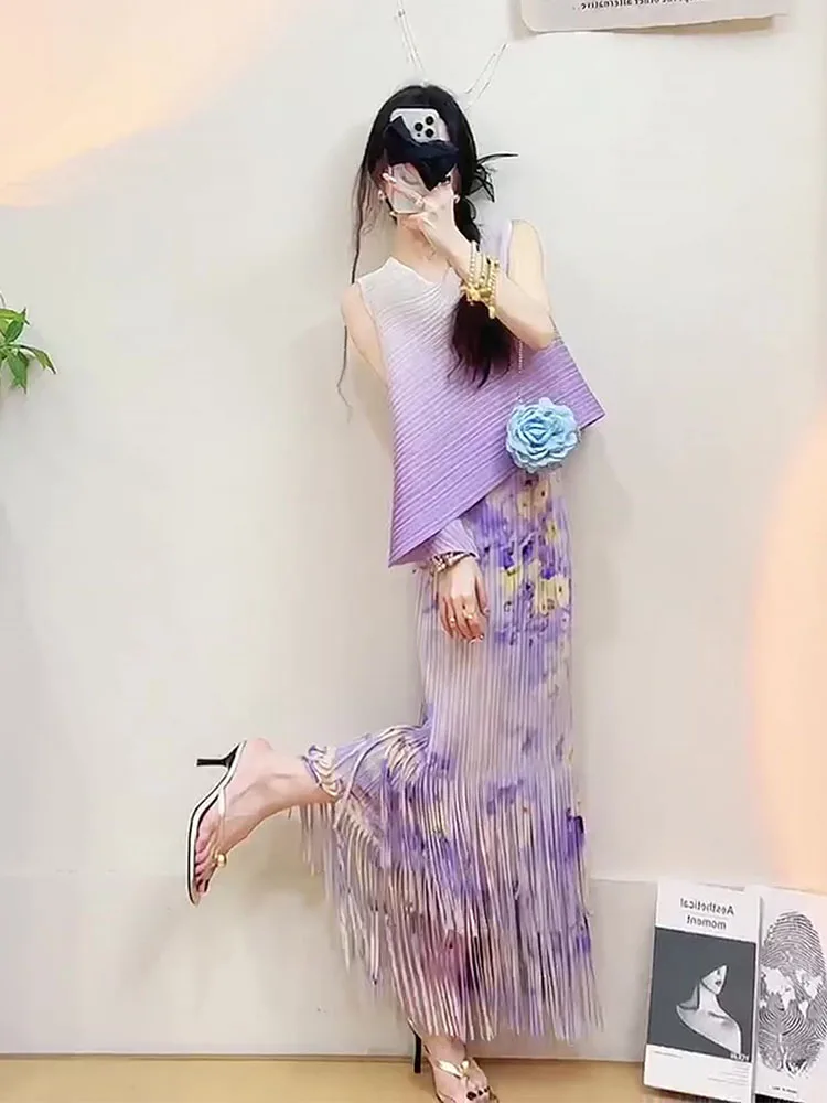 Summer 2026 Trendy Purple Tea Break Gradient Top Floral Tassel Skirt Pleated Set Women's Fashion Ensemble Polyester round Neck