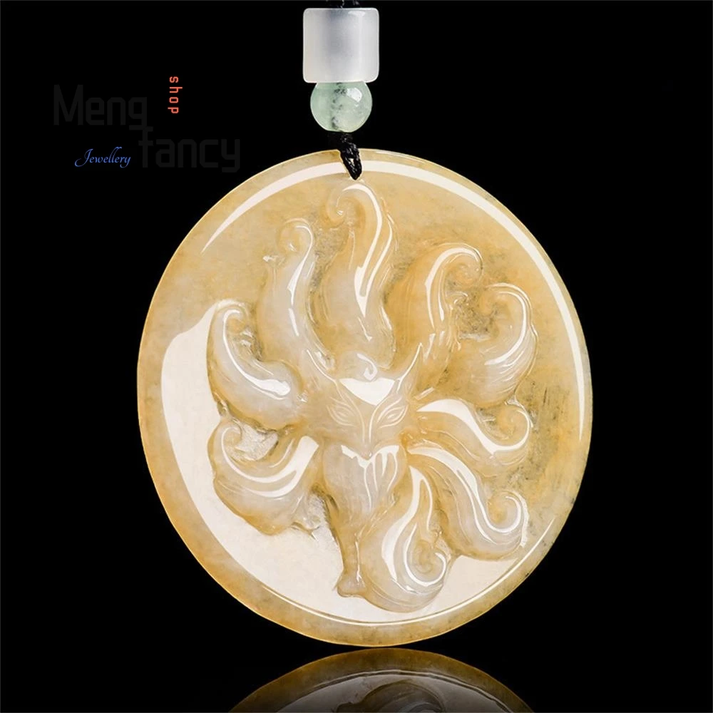 

Натуральный бирманский жадеит А-класса, девятихвостая лиса, паленая желтая подвеска ручной работы, нефритовый ледяной тип, популярные модные украшения