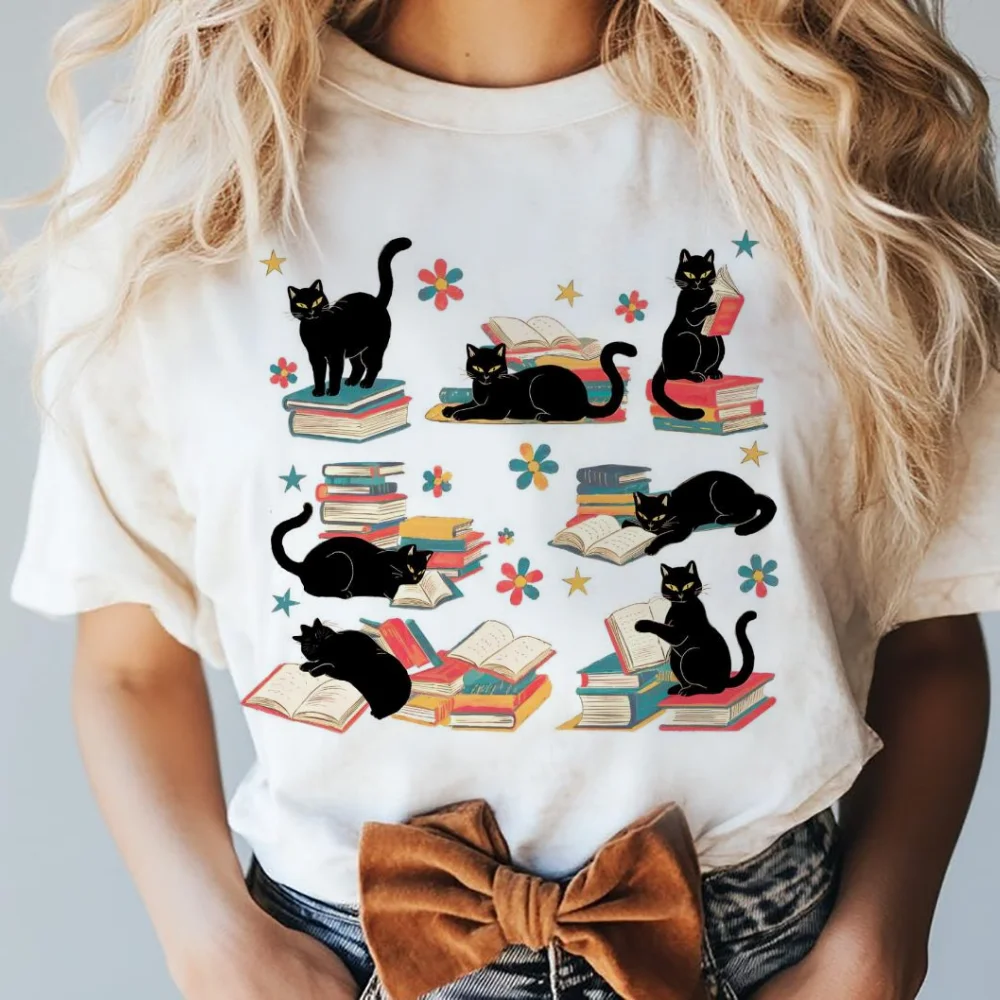 Trend ige 90er Jahre süße T-Shirt Kleidung gedruckt T-Shirt Frauen schwarze Katze T-Shirt Kurzarm gedruckt Muster Mode lässig T-Shirt