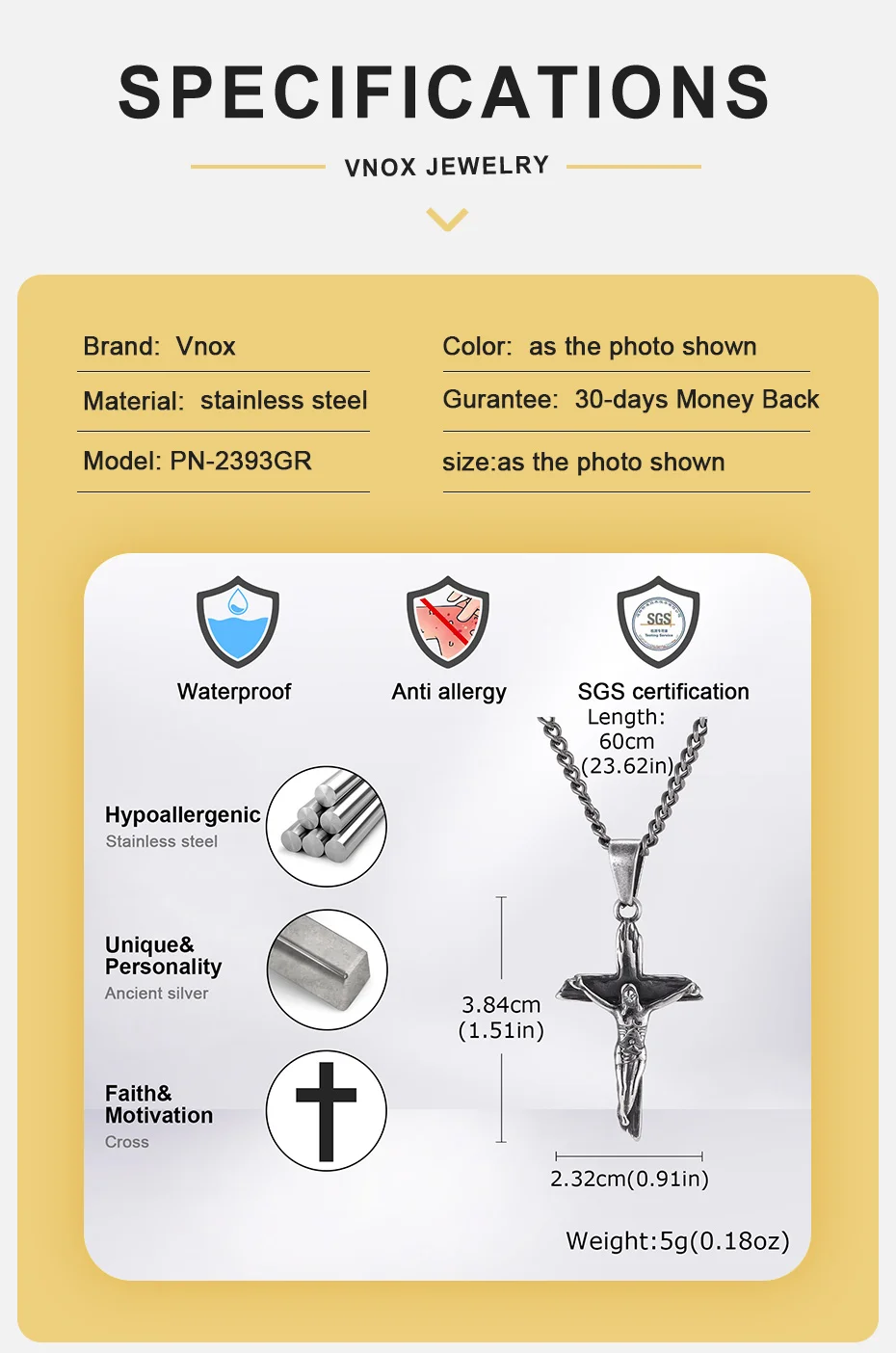 Vnox Herren Vintage Antik-Look Edelstahl Jesus Kruzifix Kreuz Anhänger Halskette, Retro Grau Religiöser Katholischer Halsschmuck – Detail 4