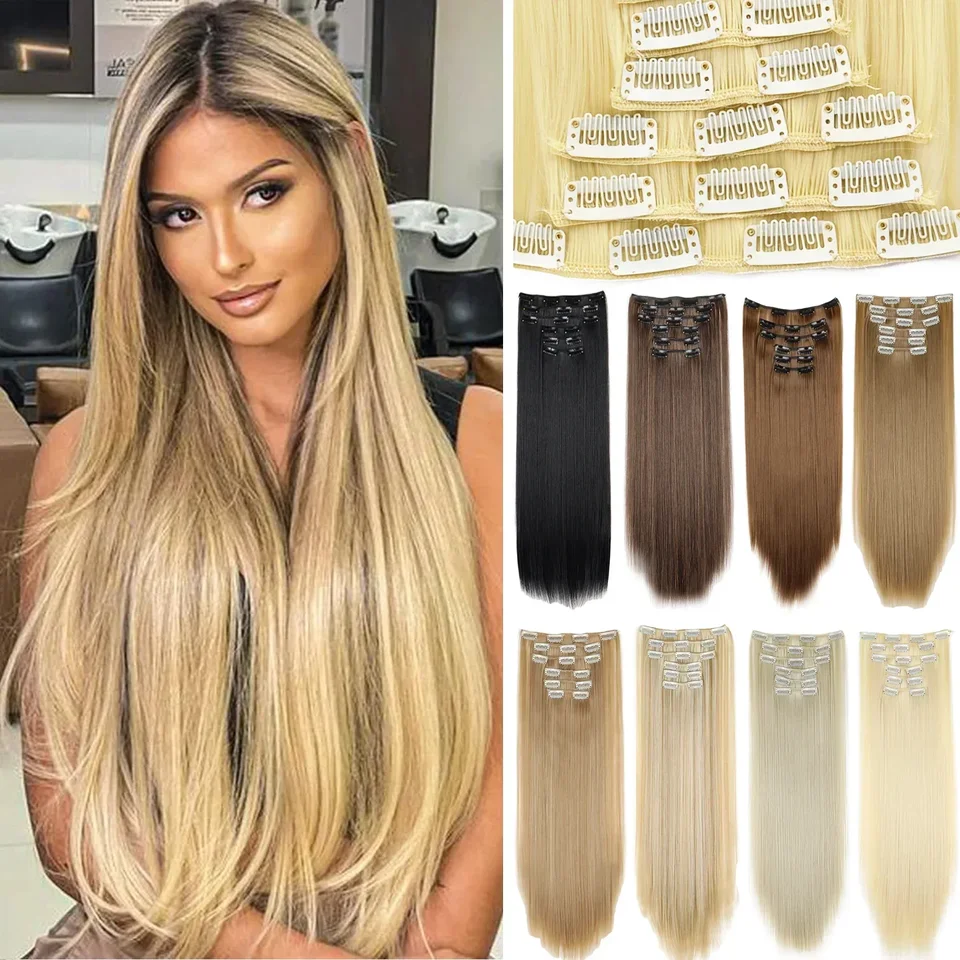 Extensiones de Cabello Negro de 24 Pulgadas/60cm, 6 Piezas por Set, Cabello Largo Liso Sintético para Cabeza Completa con 16 Clips, Fibra Resistente al Calor Ombre 2