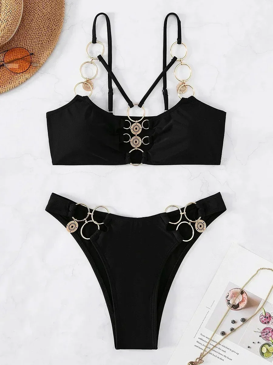 Sexy Metal Rings Hollow Out Bikini Women Swimsuit Female Swimwear Two Pieces Bikini Set High Cut Bather Bathing Suit Swim Lady