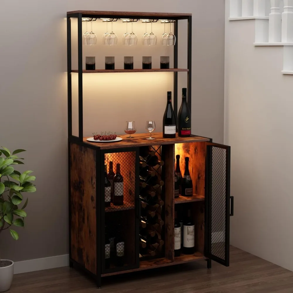 Wine Bar Cabinet with LED Lights, 5-Tier Industrial Coffee Bar, Buffet Sideboard with Adjustable Shelves, Kitchen Bar Table