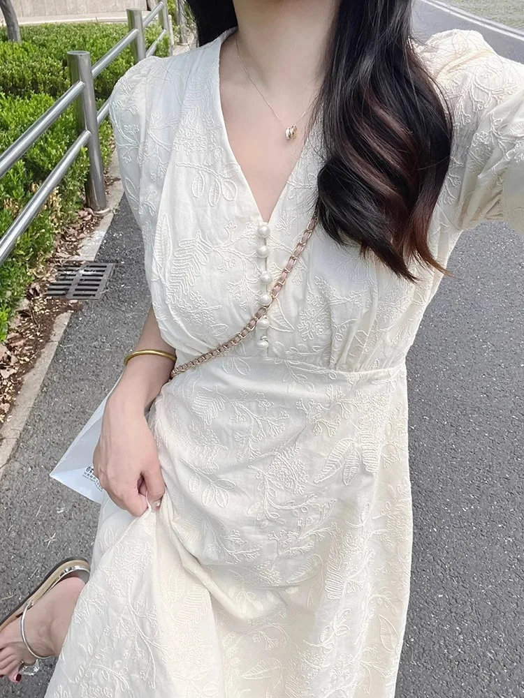 

plus Size Gentle Style White Dress Women's Summer New High Waist A-Line Skirt Short Sleeve V-Neck Zipper Closure Chinese Nati...