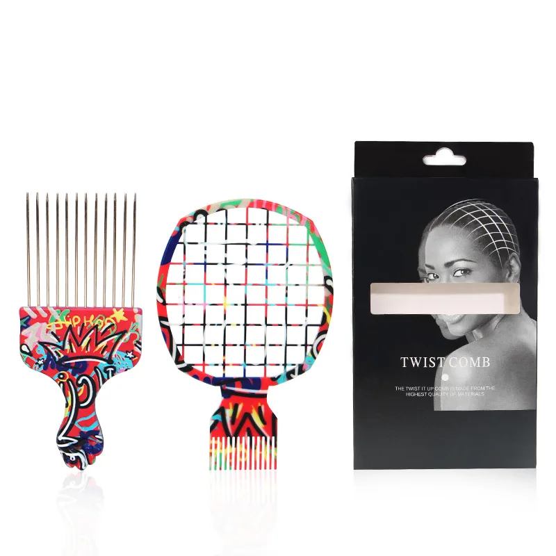 2Pcs Professional Salon Afro Comb & Steel Pick Set for Men’s Textured Curly Hair Pompadour Edge Up Styling Tools, Barbershop Use