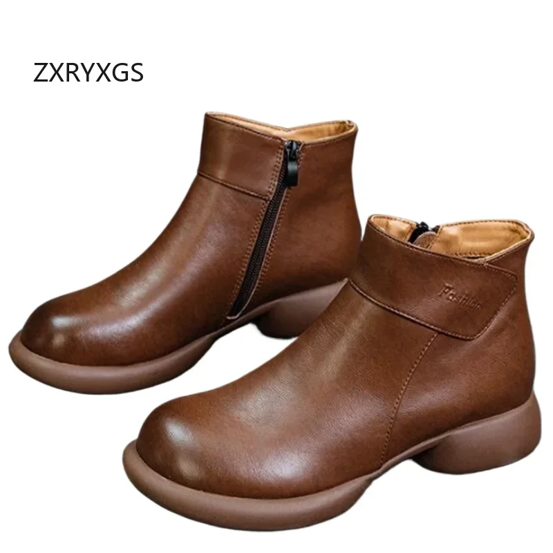 ZXRYXGS 2024 British Retro Autumn Genuine Leathe Boots Single Shoes Low Heels Women Boots Side Zipper Casual Stylish Boots