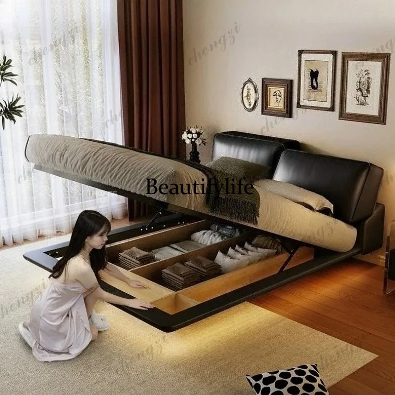 K182 Modern luxury suspended black retro style leather soft bag bedroom beds and bed frames lit 150x200 180x200 200x220cm double