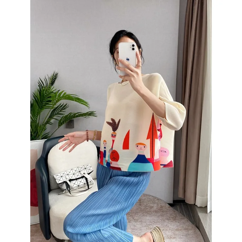 

Tops Women Summer Stylish Versatile Pleated Loose-fitting Round Neck Printed Short Sleeves Casual Slimming T-shirt Comfortable