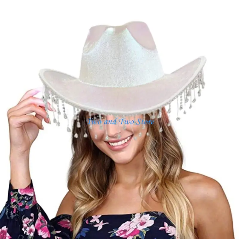 

HX6F Cowboy Hat Tassels Bracelet Knight Hat + Sunglasses Prom for Bachelorette Party