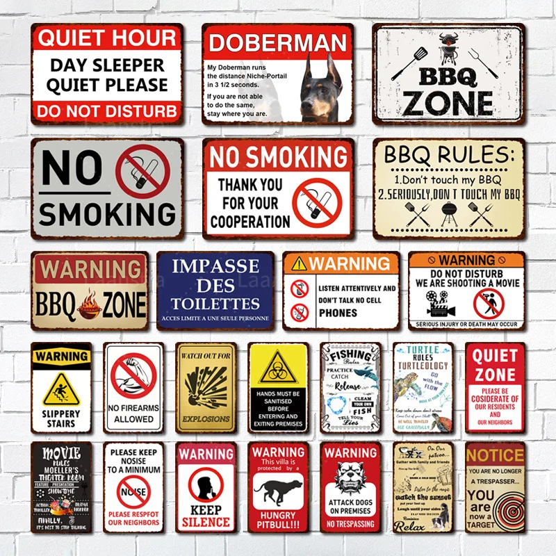 Bbq Tin Sign Warning Plate No Smoking Vintage Poster Metal Sign Plaque Decor For Garage Quiet Zone Home Backyard Wall Decor