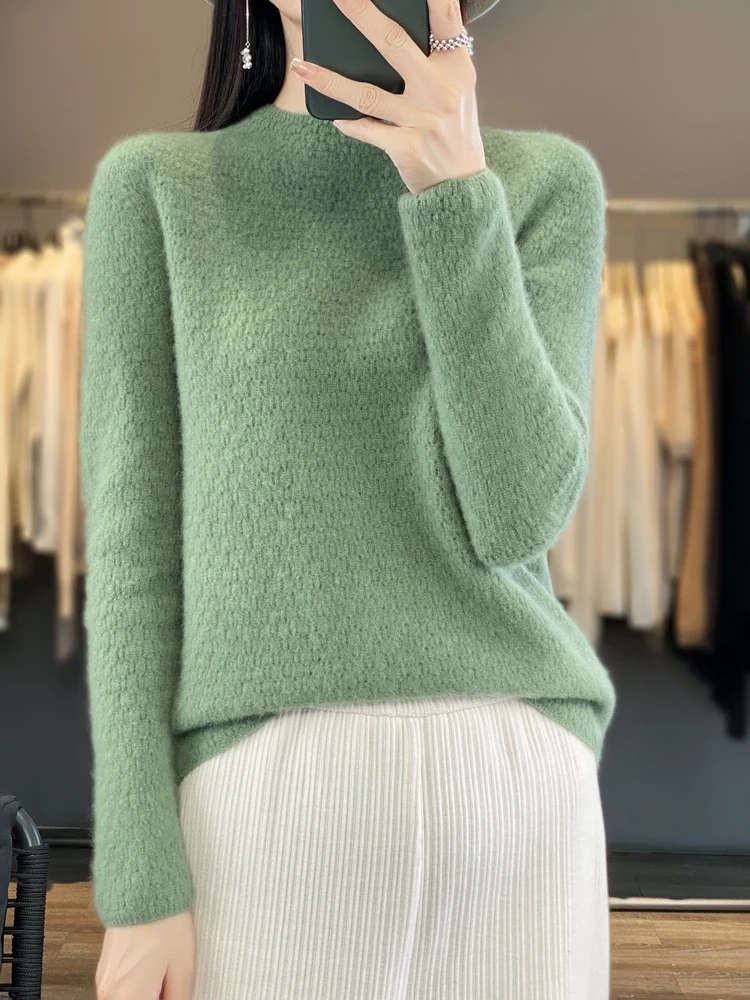 Women's Hollow Pullover Sweater 100% Merino Wool Soft Warm Basic Mock Neck Jumper Autumn Winter Female Cashmere Knitwear Fashion