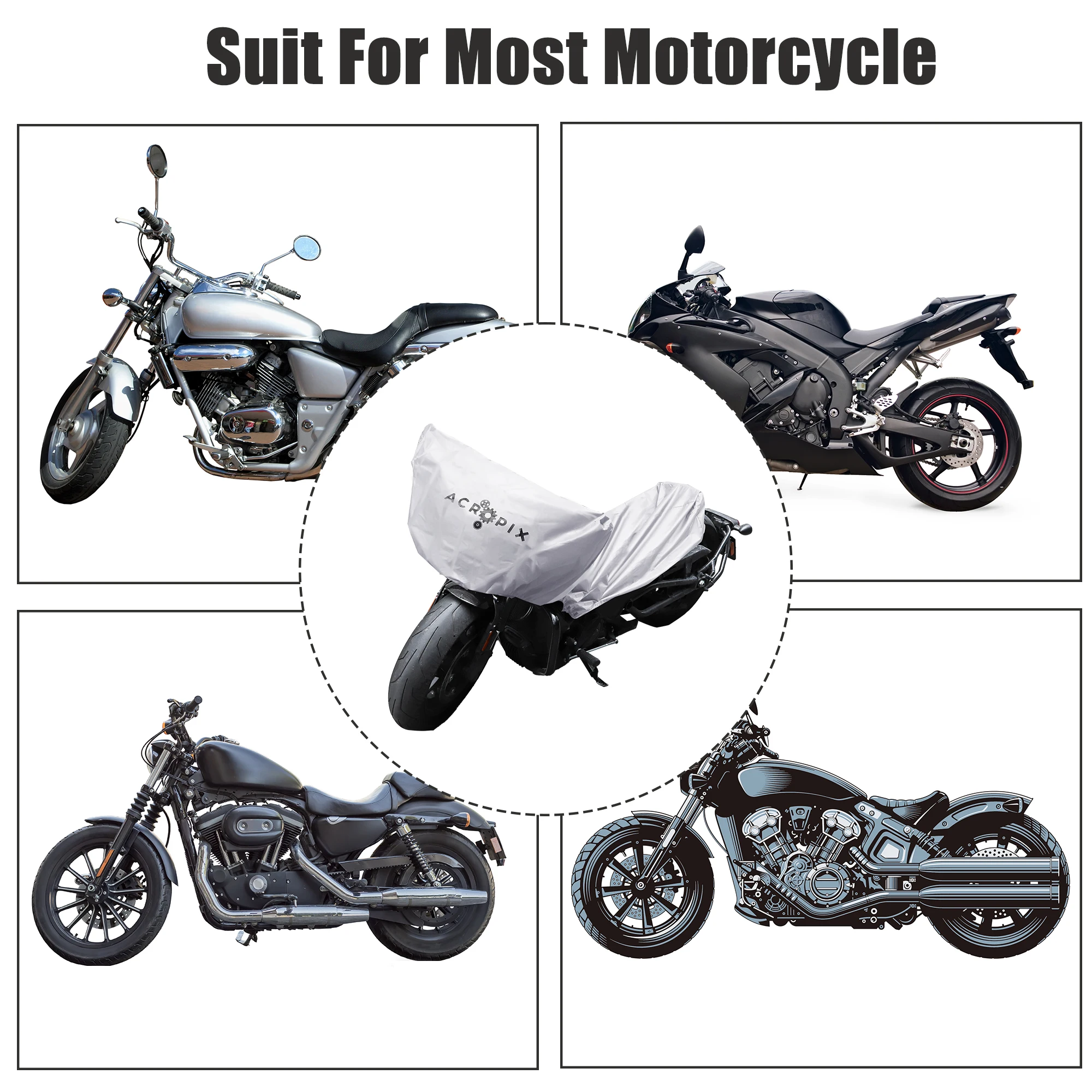 Motoforti Motorcycle Half Cover Outdoor Lightweight Waterproof 210T Polyester Fabric w/ Elastic Strap for Most Motorbike M-XL