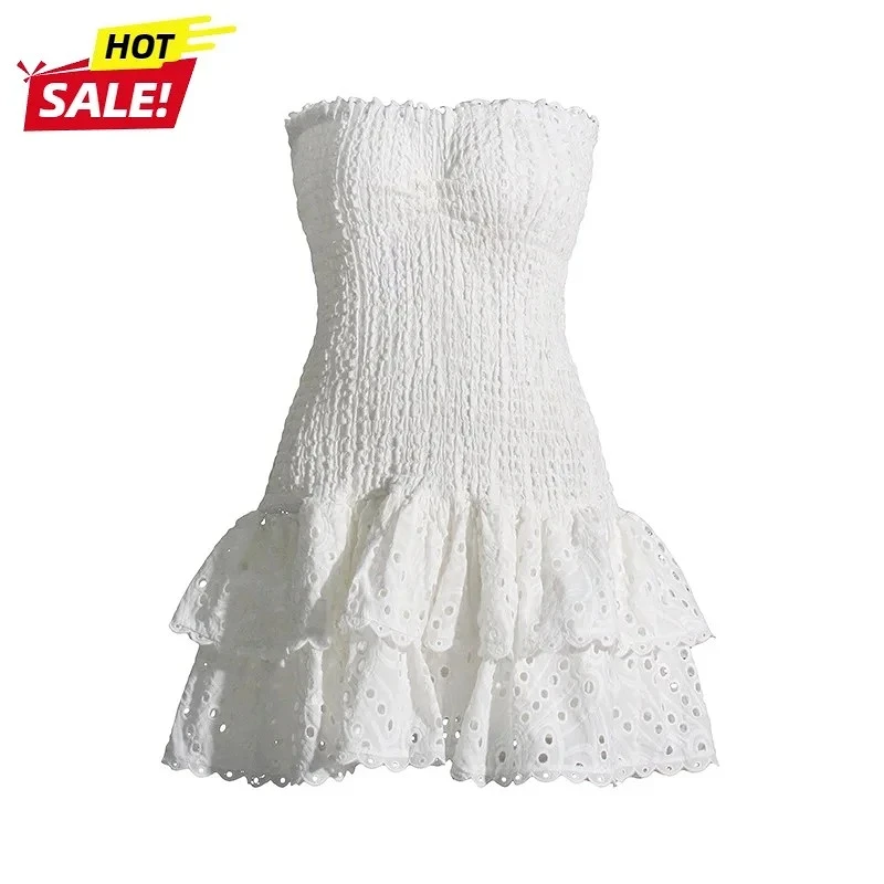 เดรสเซ็กซี่ทรงเข้ารูปสำหรับผู้หญิง ตัดเย็บแบบหลายชั้น ชายระบาย จับจีบ สายเดี่ยว ไร้แขน เปิดไหล่ เอวสูง ทรงมินิเดรส เสื้อผ้าผู้หญิง