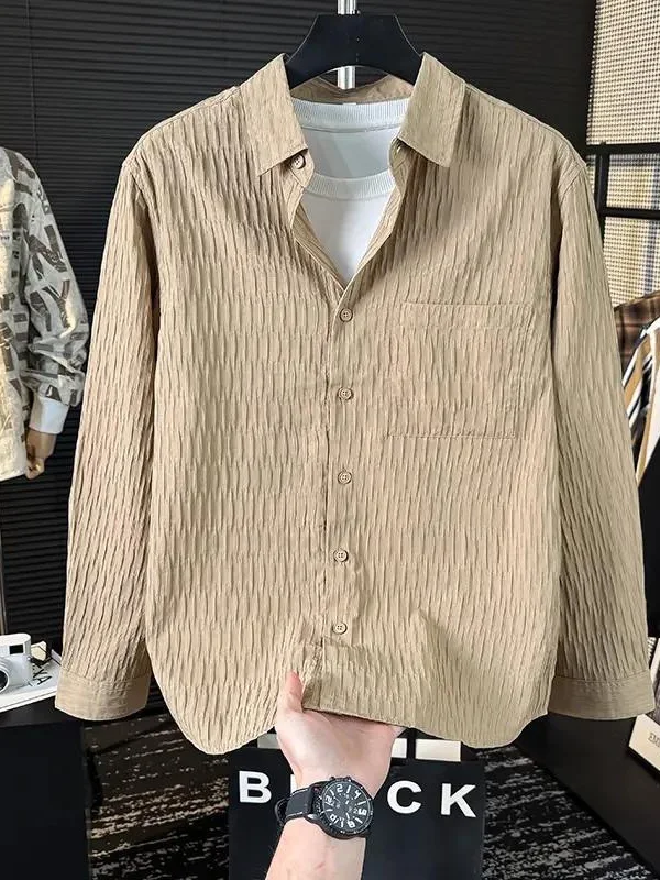 Casual Ice Silk Bubble Men's Anti-Wrinkle Summer Loose Fashionable Long Sleeve Shirt Urban Style Flip Collar Button Closure image 2