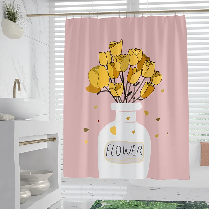 Yellow Flower Pink Shower Curtains Floral Bathroom Curtain Decor with Hooks Easily Hanging Waterproof Polyester Fabric 180x180