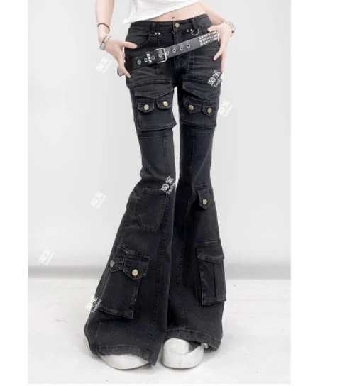 American Retro Girl Multi Pocket Vita bassa Y2k Slim Bootcut Jeans Moda Versatile per il tempo libero Nero Grigio Pantaloni in denim lavati