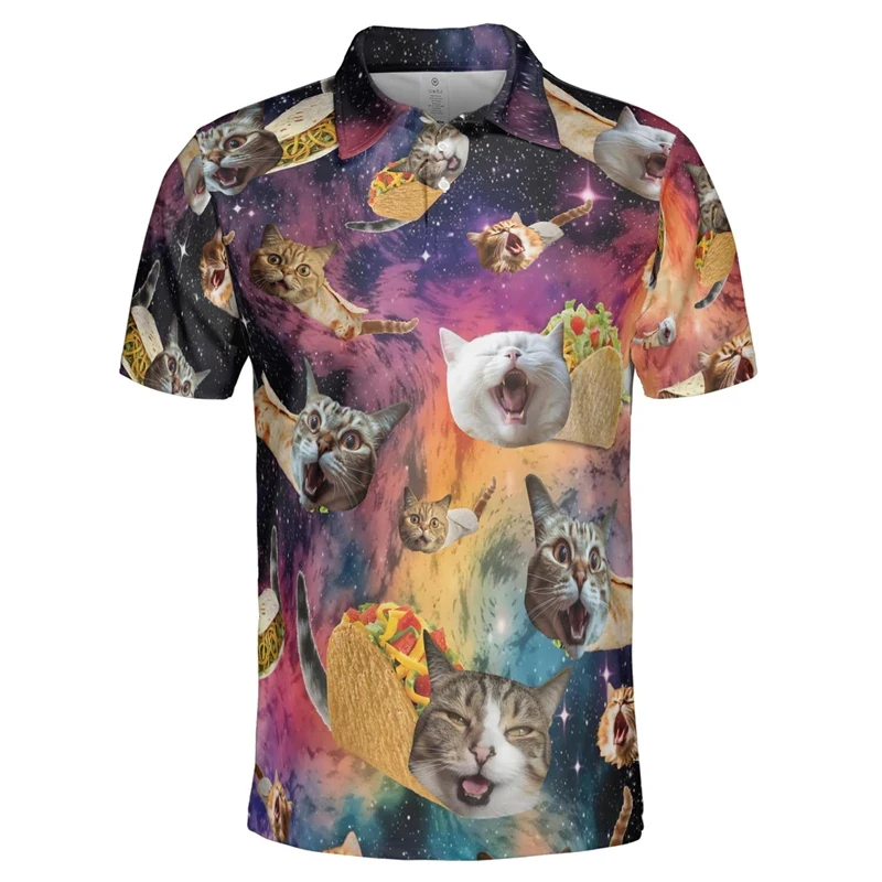 Funny Galaxy Cat 3d Print Short Sleeve Polo Shirts For Men Cartoon Kids Short Sleeve Harajuku Fashion Lapel Polo Shirt Tops Tees