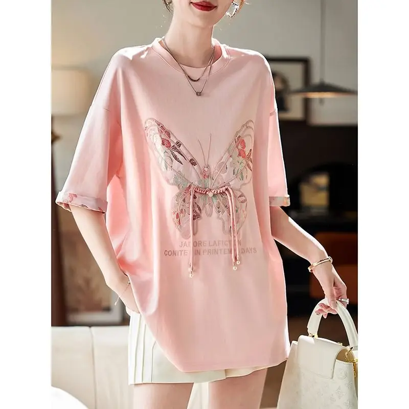Korean Fashion Summer New Women's O-Neck Letter Embroidered Frog Temperament Casual Loose Short Sleeve Mid-length T-Shirts Tops