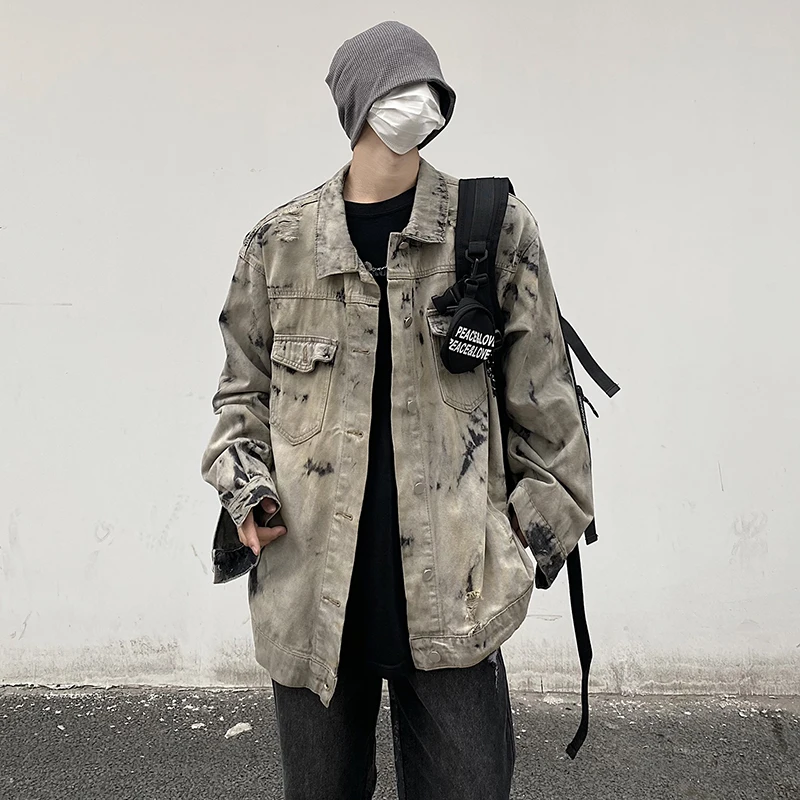 

Ретро-джинсовая куртка в американском стиле для мужчин, весна-осень, уличная мода, тай-дай, рабочая одежда, свободный крой, молодежный стиль