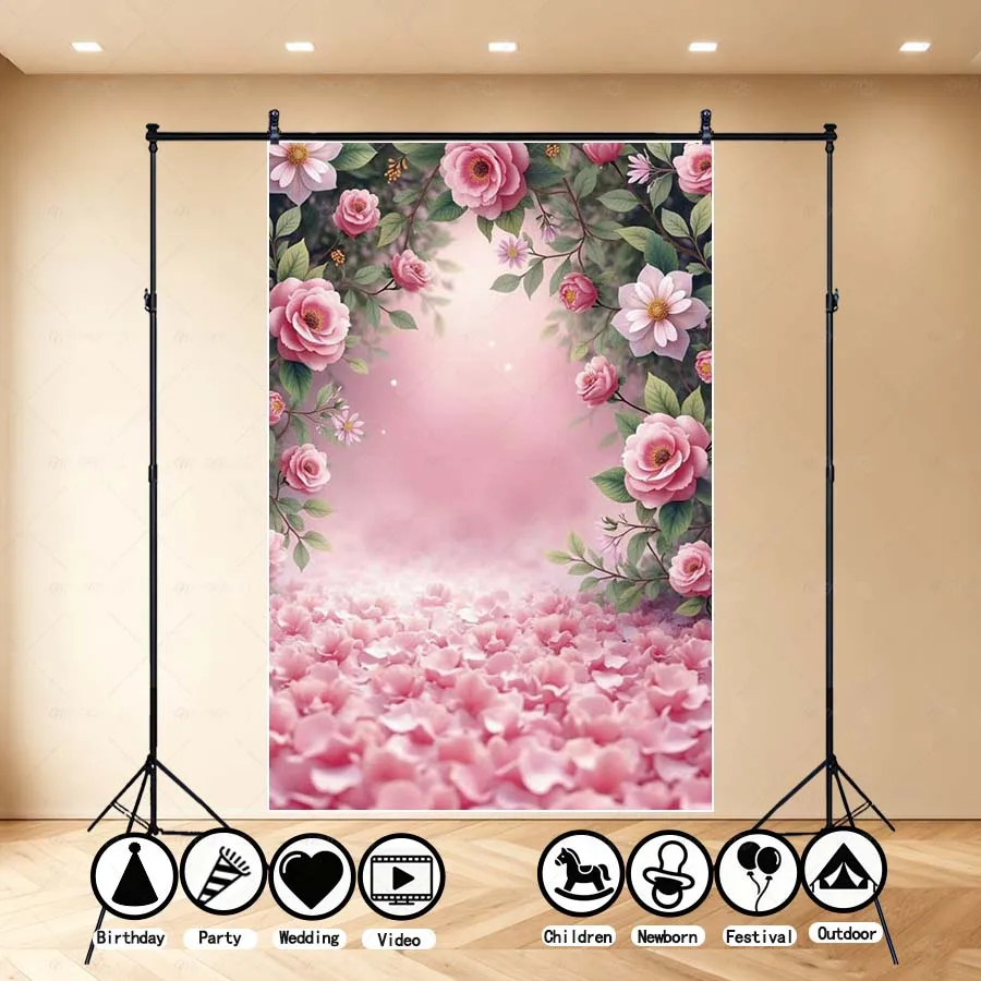 

MOON.QG Romantic Pink Petal Floral Birthday Backdrop Wedding Arch Frames Bokeh Petal Backgrounds Photographs Photozone Shooting