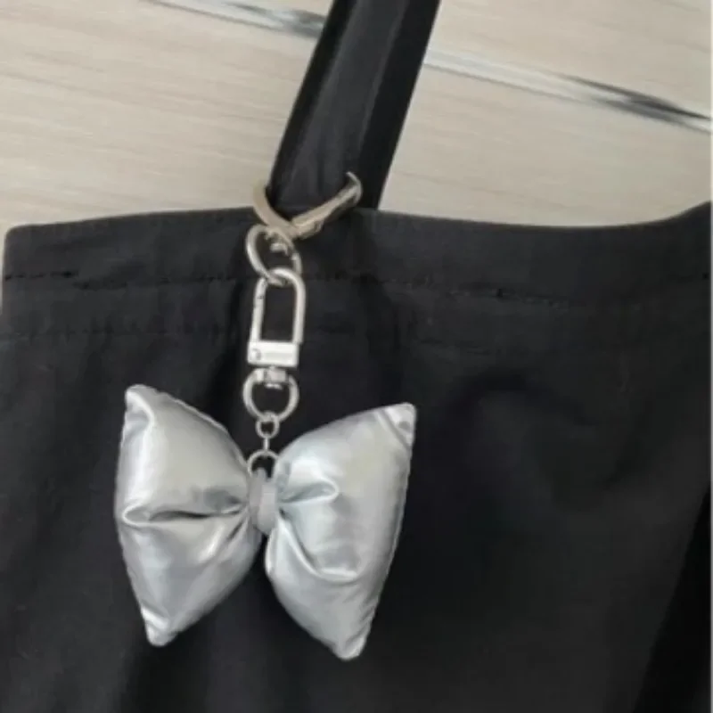 Korean Fashion Silver Color Leather Sponge 3D Bowknot Keychain for Women Cute Sweet Cool Girls Harajuku Y2k Pendant Accessories