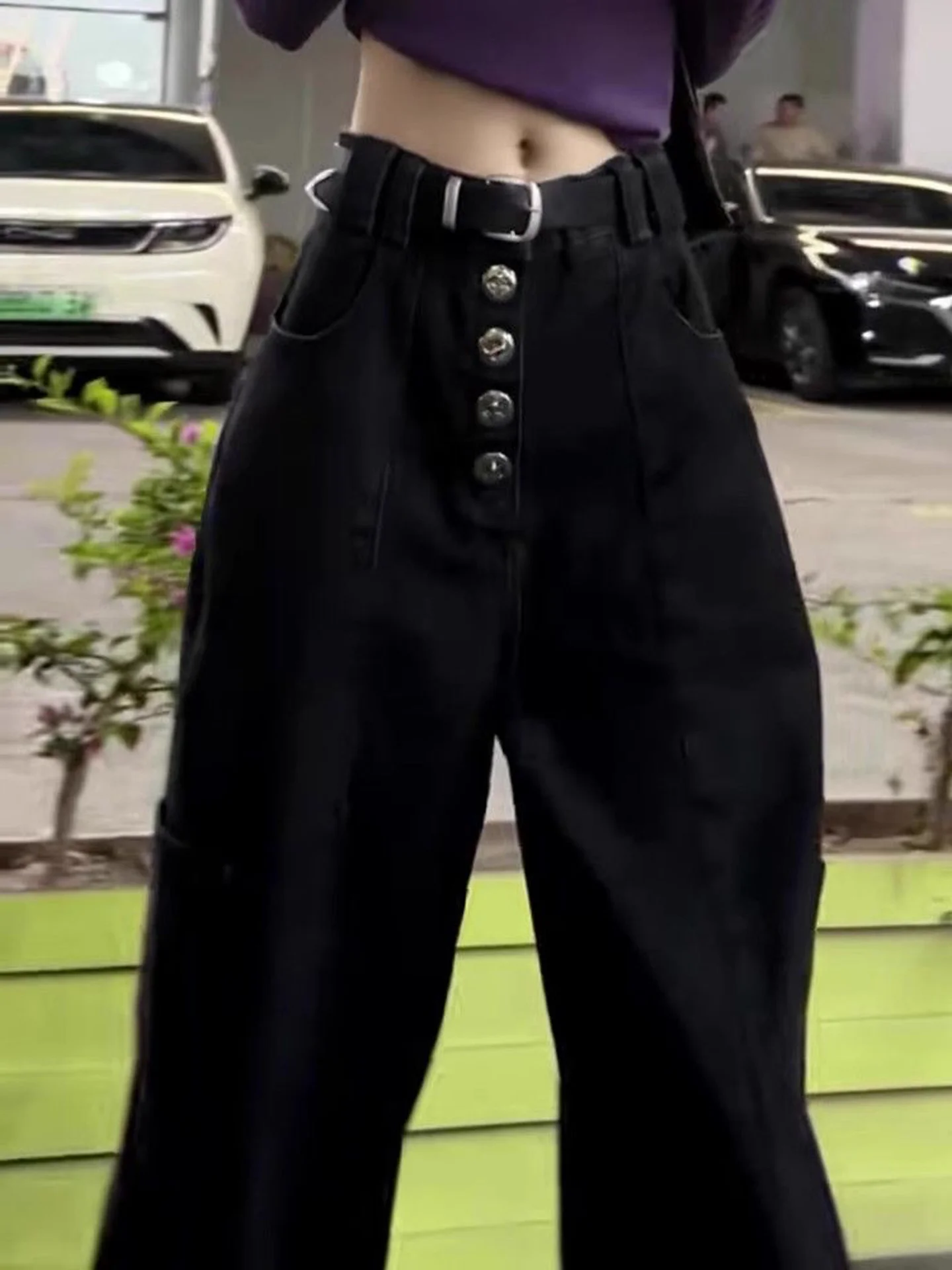 American Style High Waist Wide Leg Denim Jeans Women's Loose Floor-Length Pants Fashionable Black Button-Up Casual Trousers