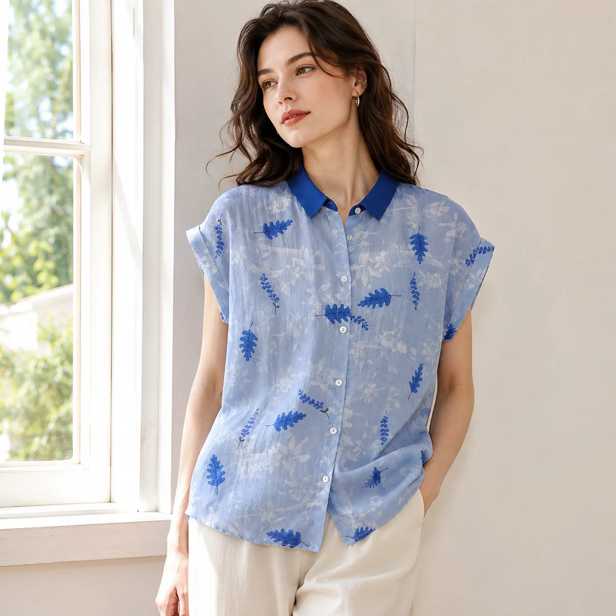 EOENKKY Women Vintage Floral Print Short Sleeve Blouse Contrast Polo Collar Button Down Loose Fit Summer Casual Shirt