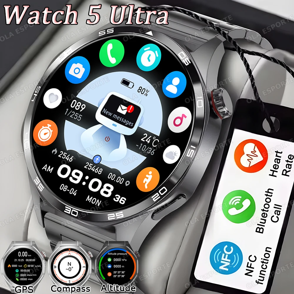 

Новые обновленные умные часы Watch5 2025 GPS Компас Динамический остров Мониторинг сердечного ритма и здоровья Водонепроницаемые часы 5 Ultra Smartwatch