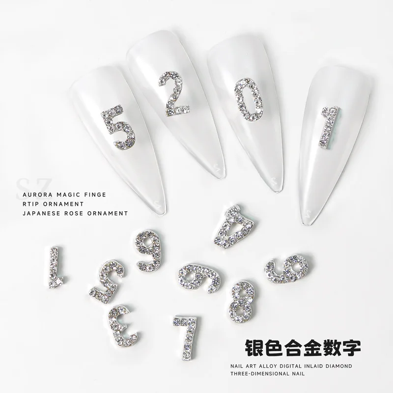 10pcs (0-9) Fixed Mixed Silver Gold Number Nail Art Decorations Glitter 3D Alloy Phone Case Accessory DIY
