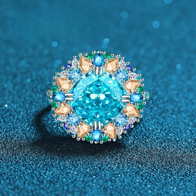 

Hairui Candy Series PT950 Platinum Artificially Cultivated Gemstone Open Ring Women's Sea Blue High Carbon Diamond Noble Lady